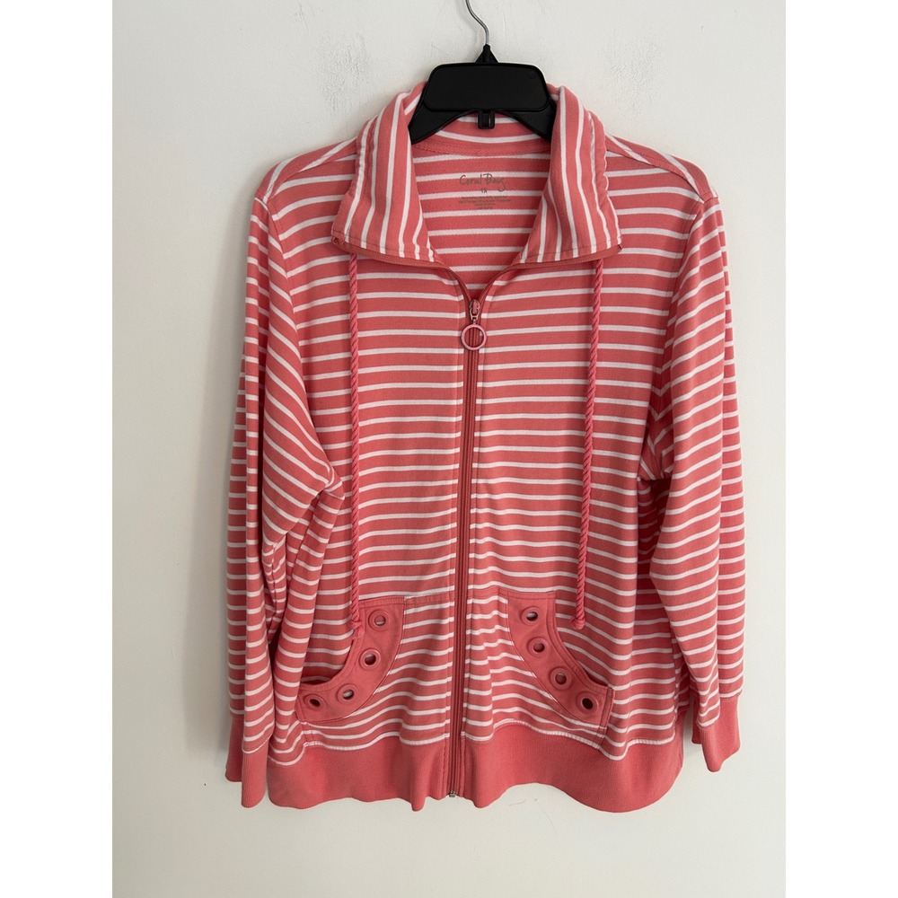 Coral‎ Bay Women Coral/White Strip Zip Up Hoodie Sweatshirt Sz 1X Grommet Pocket
